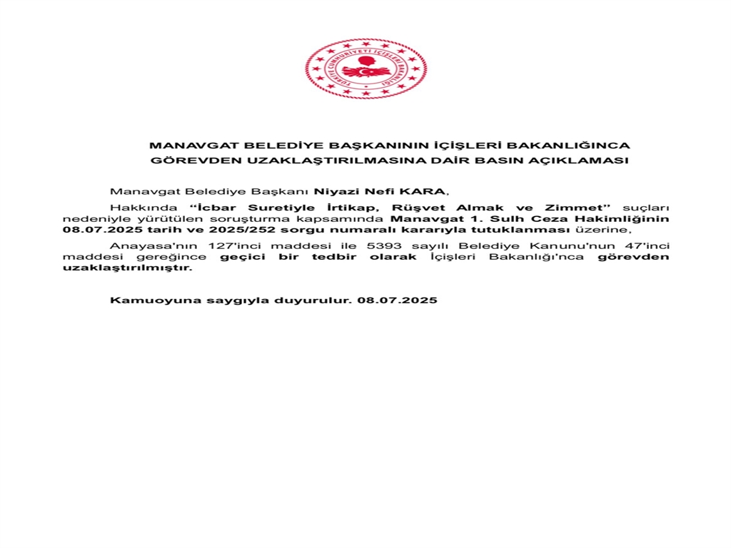 Manavgat Belediye Başkanı Niyazi Nefi Kara, geçici olarak görevden uzaklaştırıldı