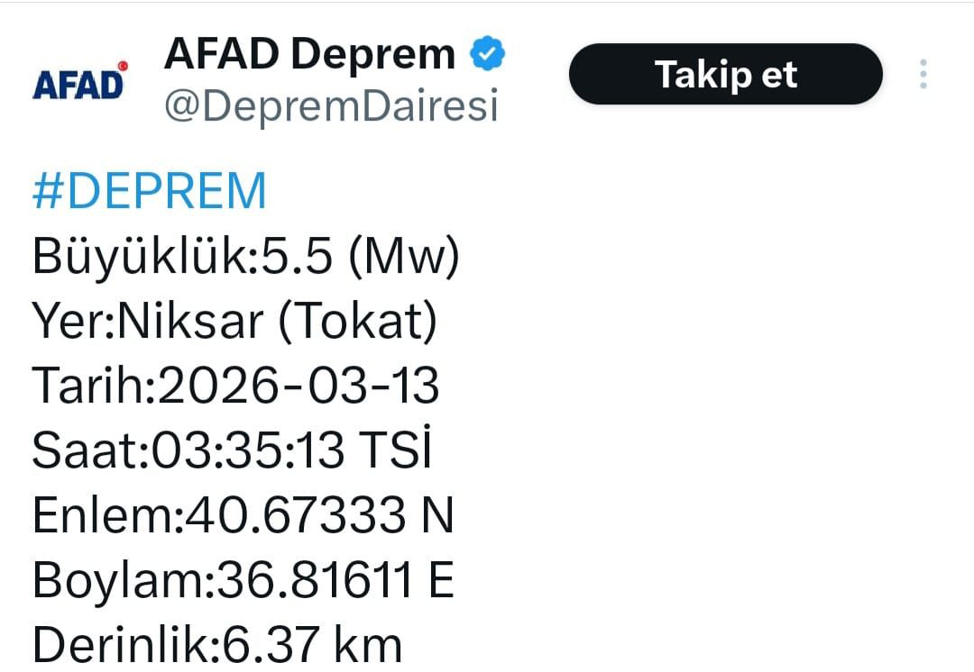 Tokat’ta 5,5 büyüklüğünde deprem