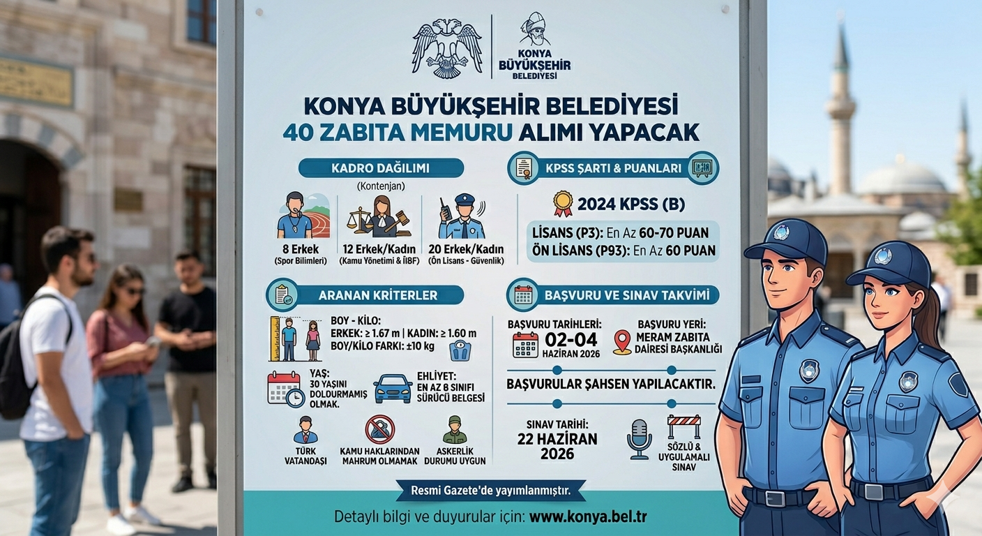 Konya Büyükşehir Belediyesi 40 Zabıta Memuru Alacak: İşte Başvuru Şartları ve Tarihleri
