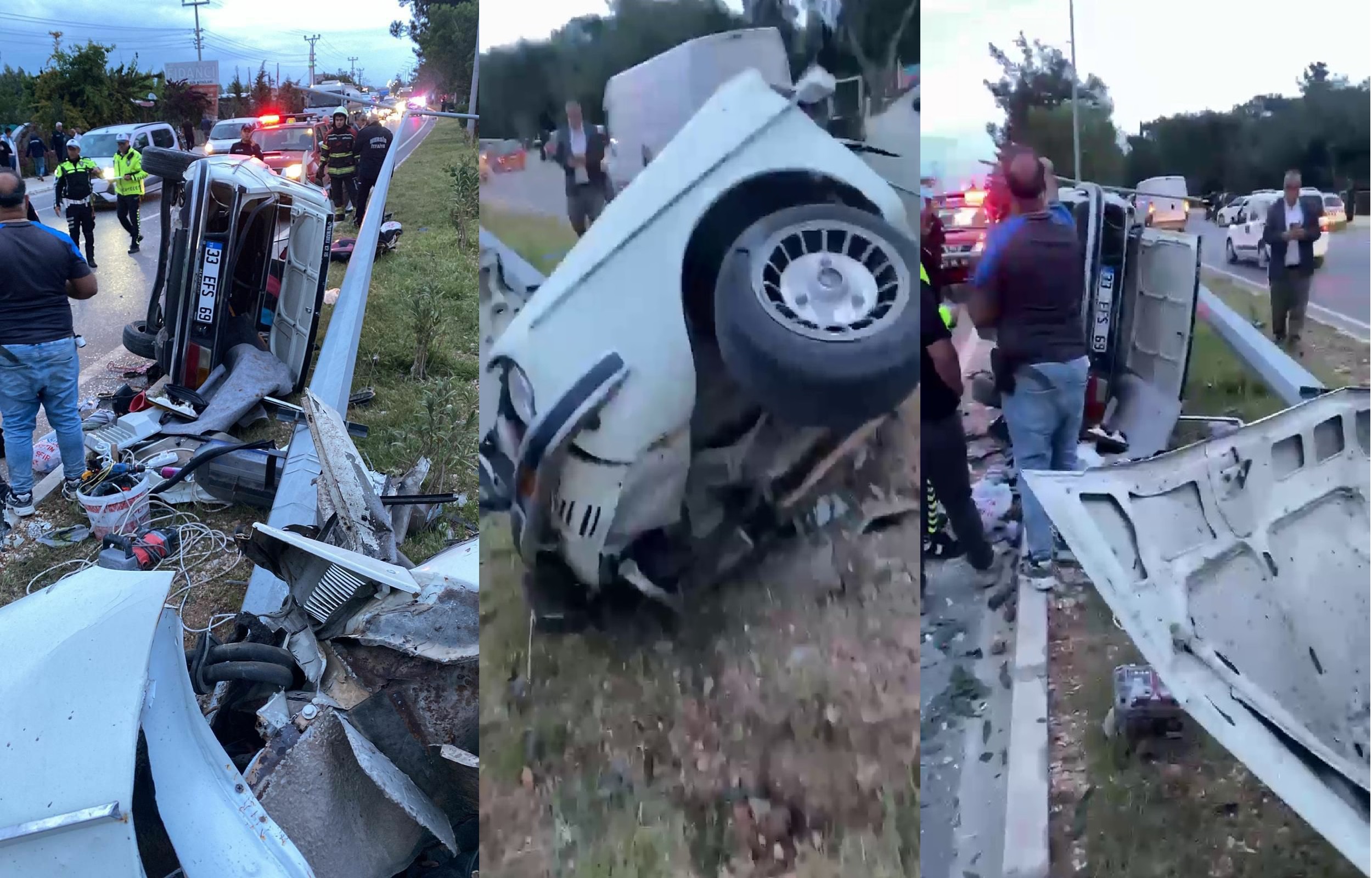 Mersin’de kazanın ardından aydınlatma direğine çarpan otomobil ikiye bölündü: 4 yaralı