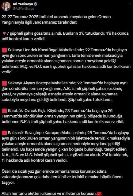 Bakan Yerlikaya orman yangınlarının çıkış nedenlerini açıkladı: Eskimiş yatağını yakmaya çalışmış - Görsel 1
