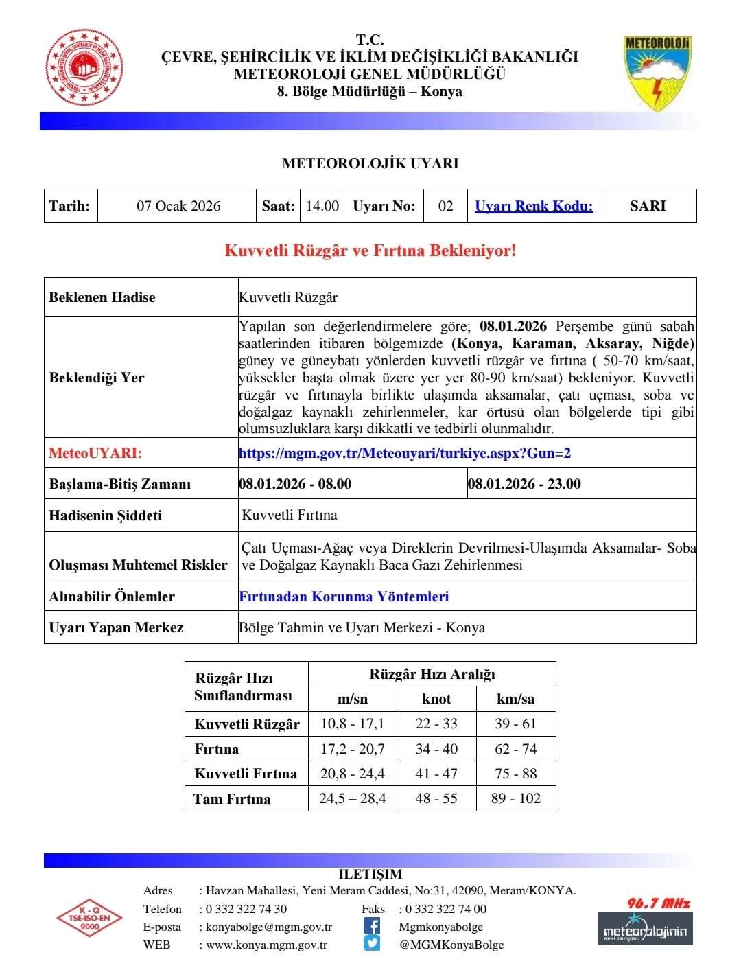 Meteoroloji'den Konya için 'sarı kod' uyarısı: 8 Ocak Perşembe fırtına geliyor - Görsel 1