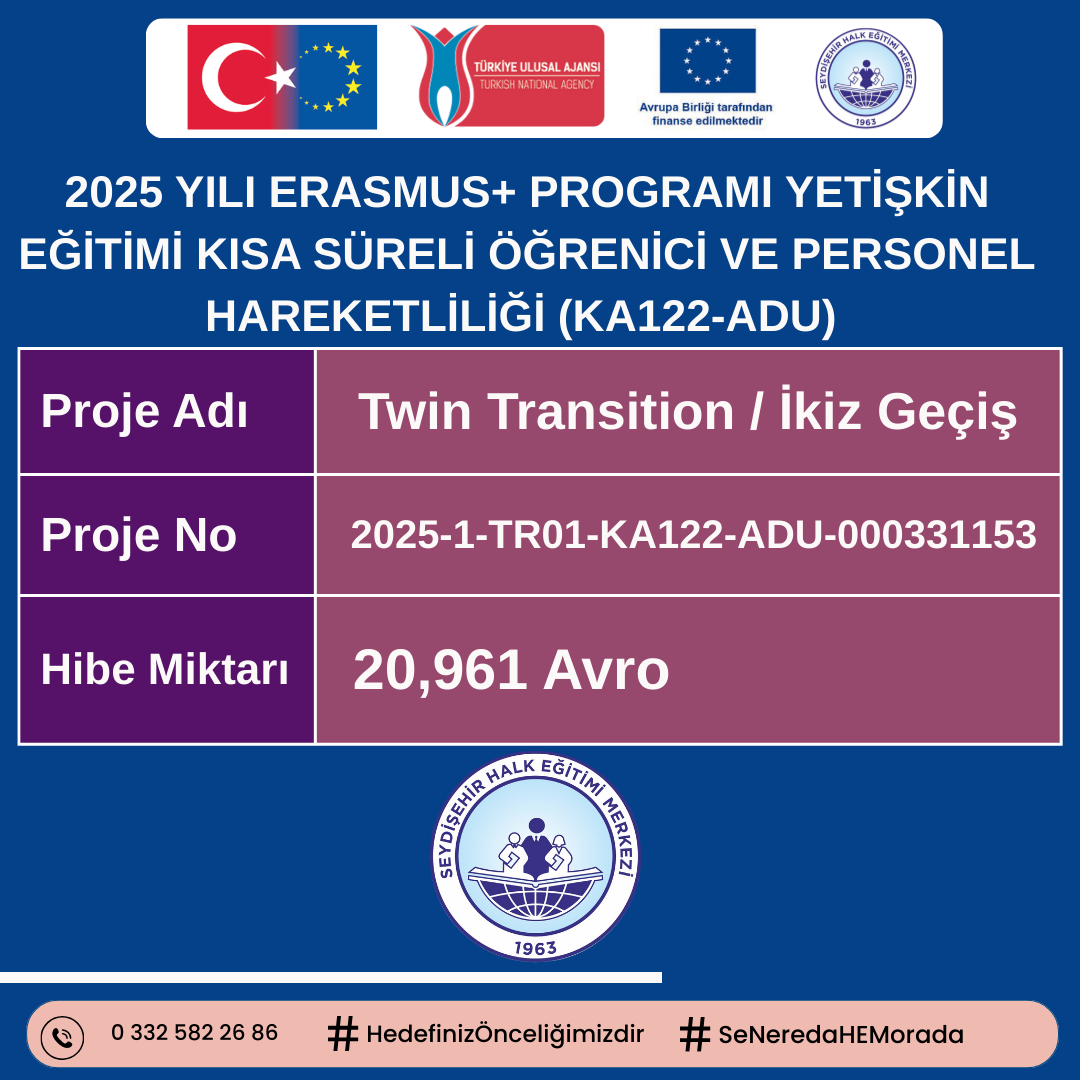 Seydişehir Halk Eğitimi Merkezi'nin Erasmus Projesi "Twin Transition" Kabul Edildi