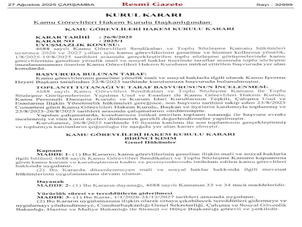 Kamu Görevlileri Hakem Kurulu kararı Resmi Gazete'de yayımlandı