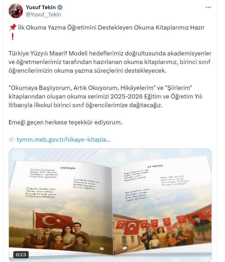 MEB'den birinci sınıf öğrencilerine okuma kitabı