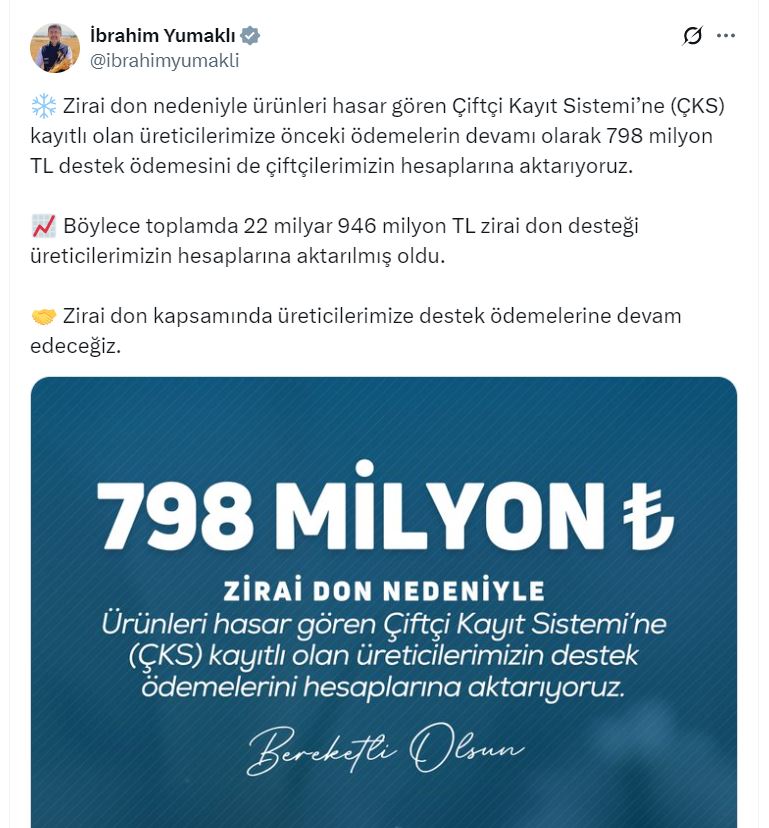 Bakanlıktan üreticilere 22 milyar 946 milyon lira zirai don desteği