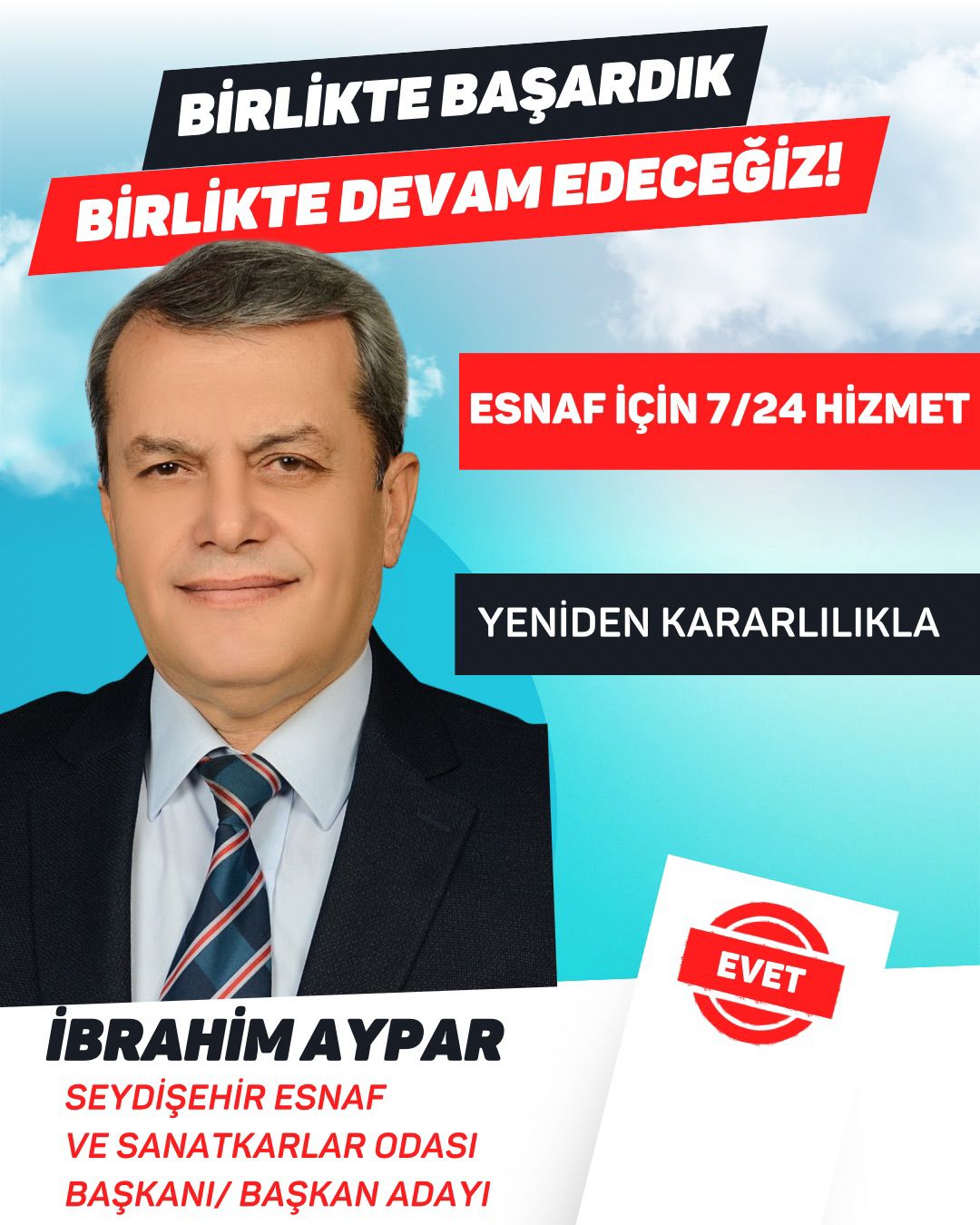 Seydişehir Esnaf ve Sanatkârlar Odası Başkanı İbrahim Aypar,dan  Tekrar adaylık açıklaması