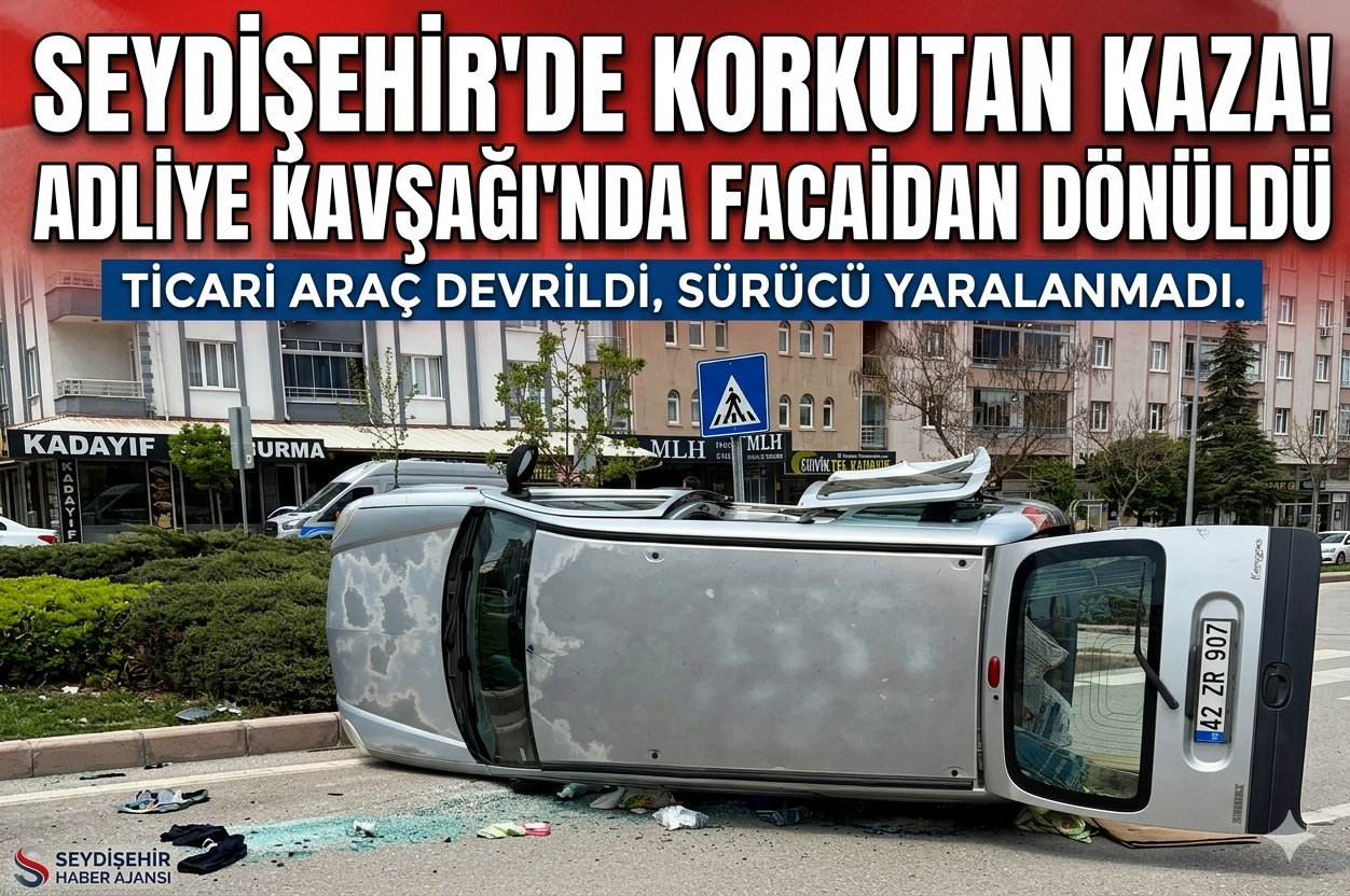 Seydişehir’de Korkutan Kaza: Adliye Kavşağı’nda Ticari Araç Devrildi