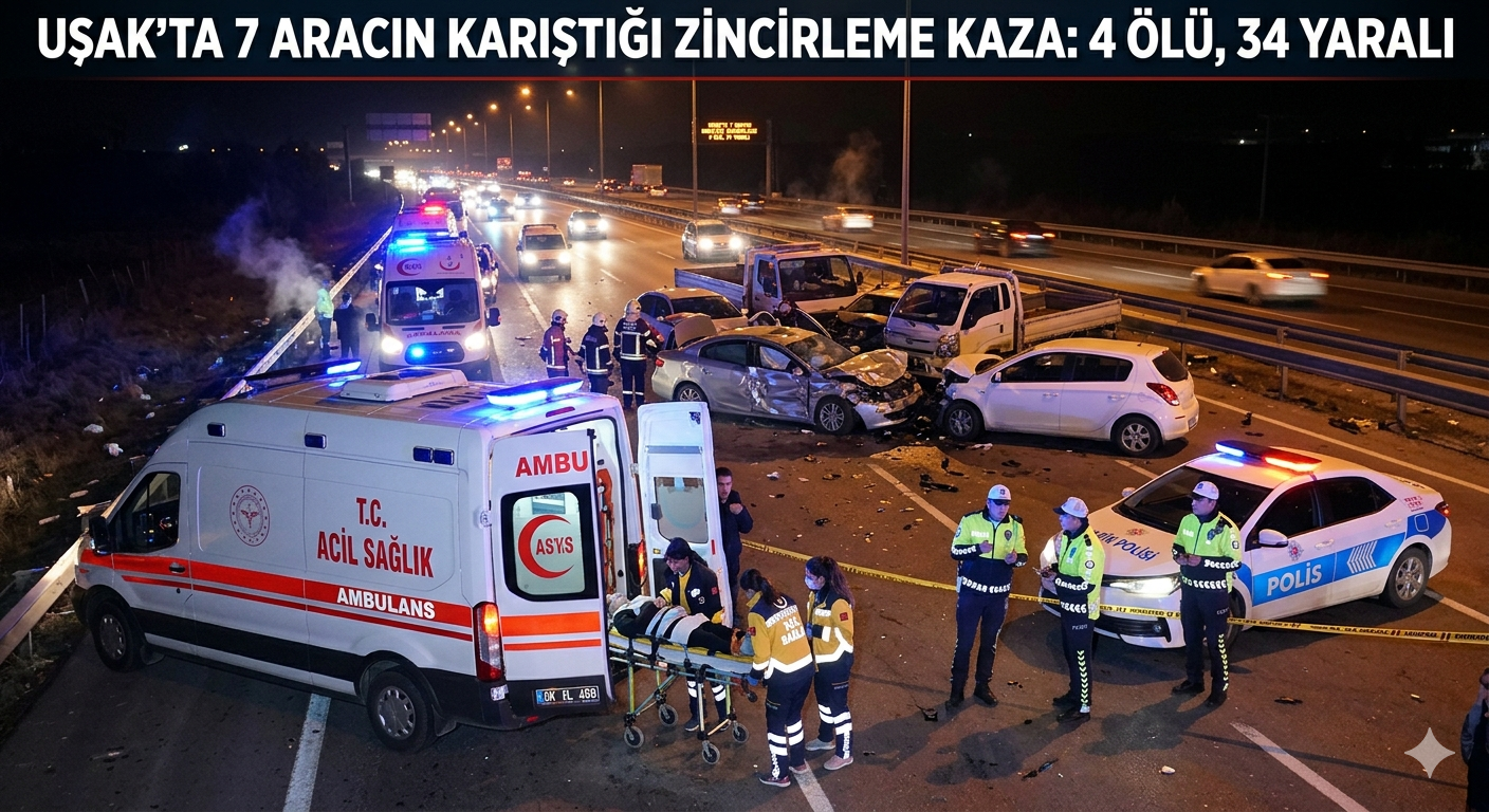 Uşak'ta 7 aracın karıştığı zincirleme kaza: 4 ölü, 34 yaralı
