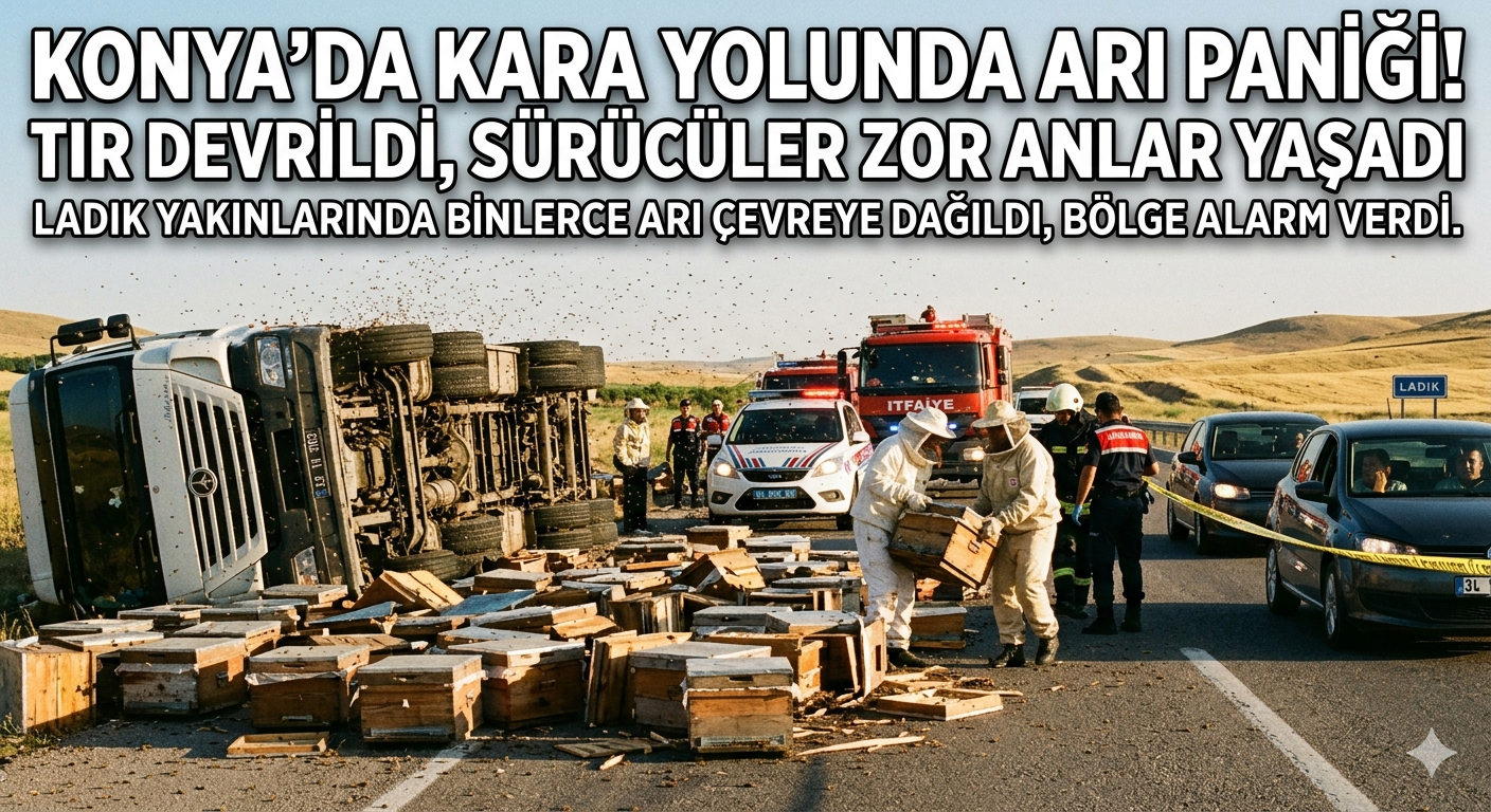 Konya’da Kara Yolunda Arı Alarmı! TIR Devrildi, Kovanlar Yola Saçıldı