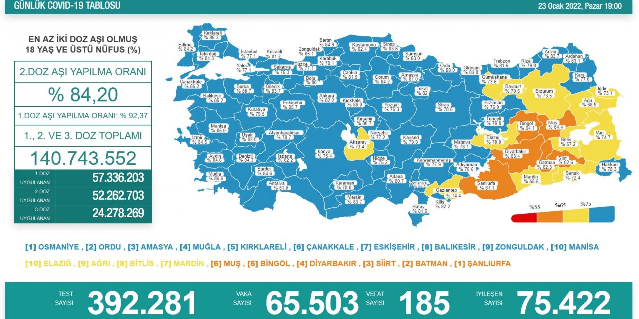 Türkiye'de 65 bin 503 kişinin Kovid-19 testi pozitif çıktı, 185 kişi yaşamını yitirdi