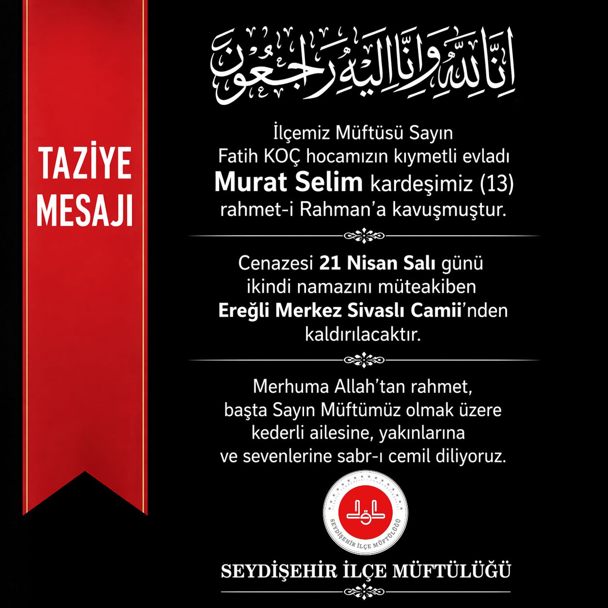 Seydişehir Müftüsü Fatih Koç’un Acı Günü: Evladı Murat Selim Hakka Yürüdü - Görsel 1